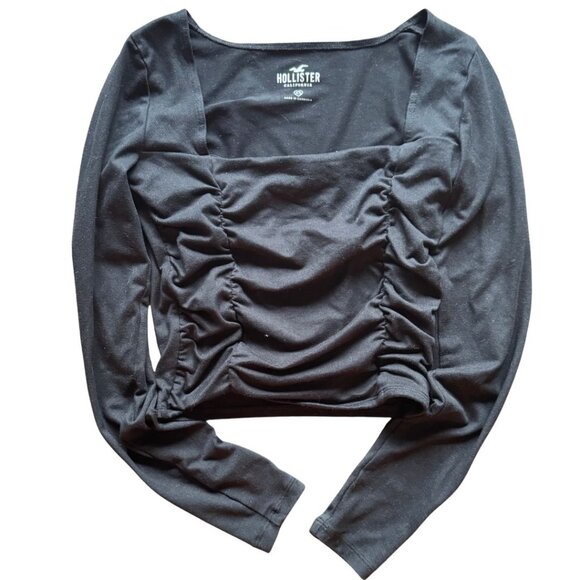 Hollister Crop Fitted Long-Sleeve Rusched Shirt Front Layering Black XS Juniors - Picture 4 of 8